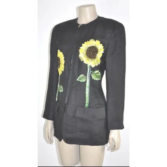 Vtg Emanuel Ungaro Beaded Sequin 3D Sunflowers Linen Designer Black Jacket 10/12